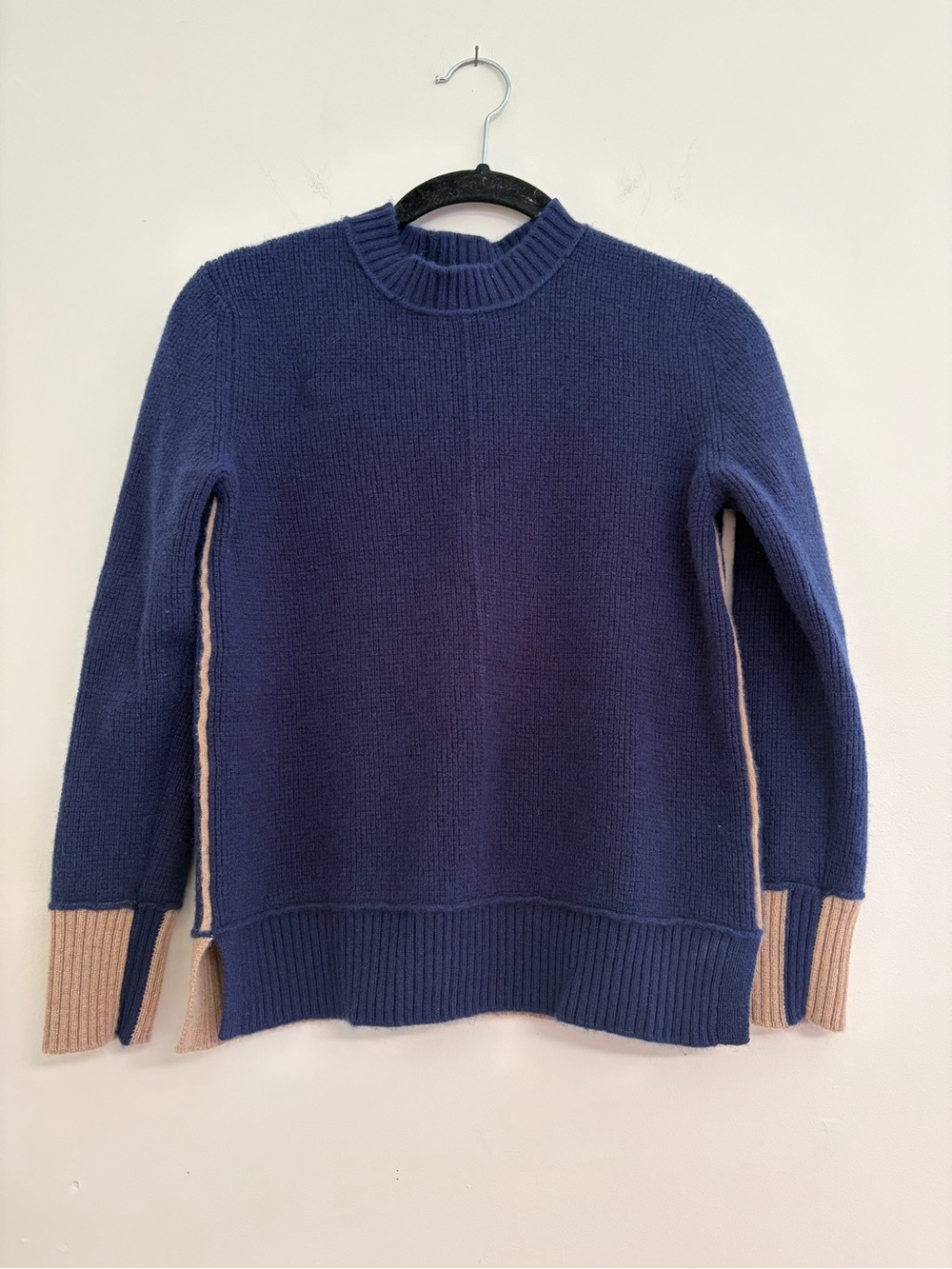 Navy Crewneck Sweater with Beige Contrast Panels